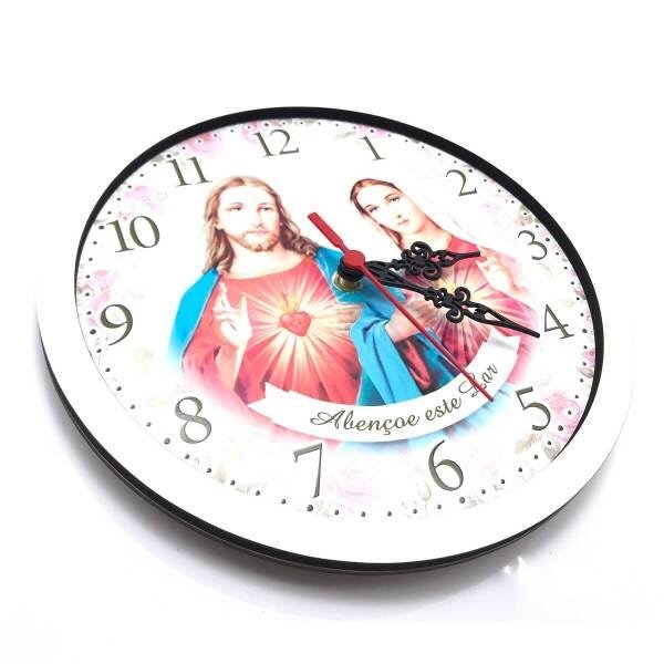 RELÓGIO SAGRADO CORAÇÃO DE JESUS E MARIA DE PAREDE RELIGIOSO - 2
