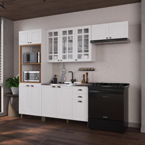 Cozinha Compacta Modulada Nara 12 Portas 2 Gavetas MDF 270cm Branco Fidelita Móveis