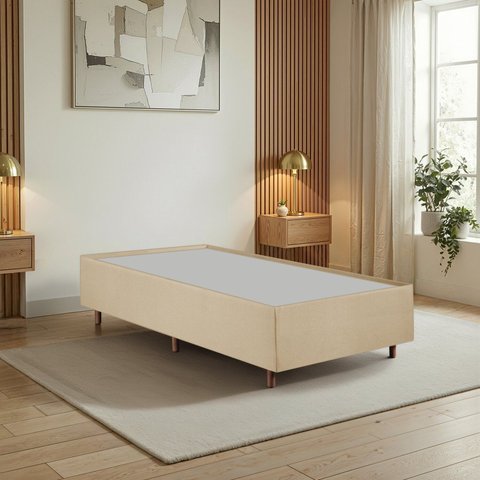 Cama Box Solteiro Estofada em Madeira Maciça Base Reforçada Santorini Espresso Móveis Bege/Veludo