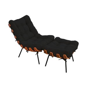 Poltrona com Puff Costela Suede Preto Base Metal Vallisadecor