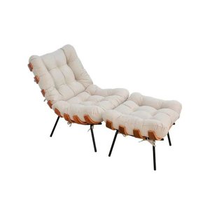 Poltrona com Puff Costela Suede Bege Base Metal Vallisa Decor
