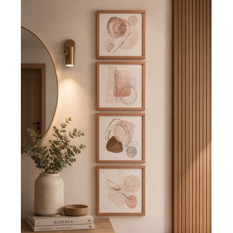 Kit 4 Quadros Decorativos Abstratos Rosa Dourado Canvas Moldura Rose Gold 32,5x31,5cm