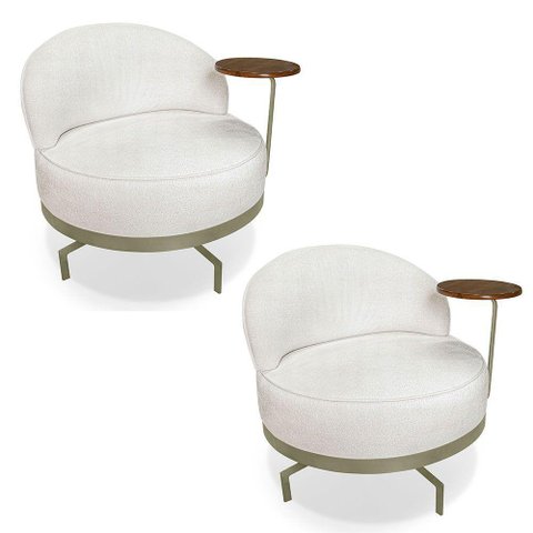Kit 2 Poltronas Decorativa Andromeda Linho Bouclê Bege Pérola Base Giratória de Ferro - Pallazio