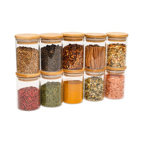 Jogo de 10 Potes Herméticos de Vidro Tampa de Bambu - 250 Ml