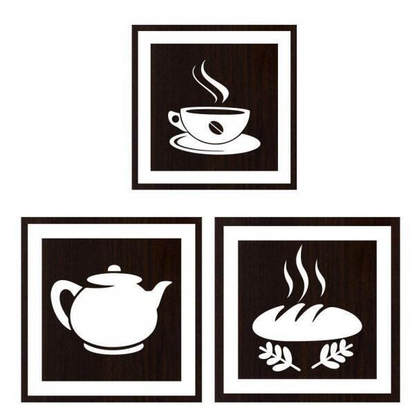 Quadro Decorativo Xícara De Café Chaleira Pão Em Mdf Tabaco - 1