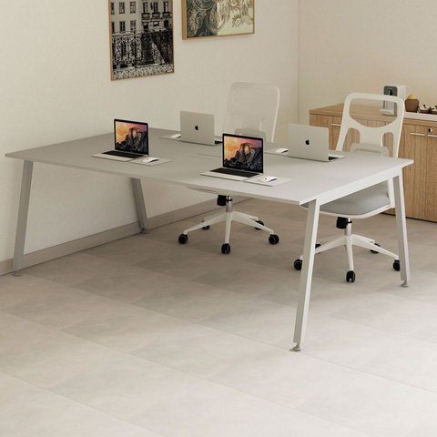 Mesa Reunião Escritório Corporativo 6 Lugares 210cm x 74cm Caixa de Tomadas e Pés Metal Industrial Cinza