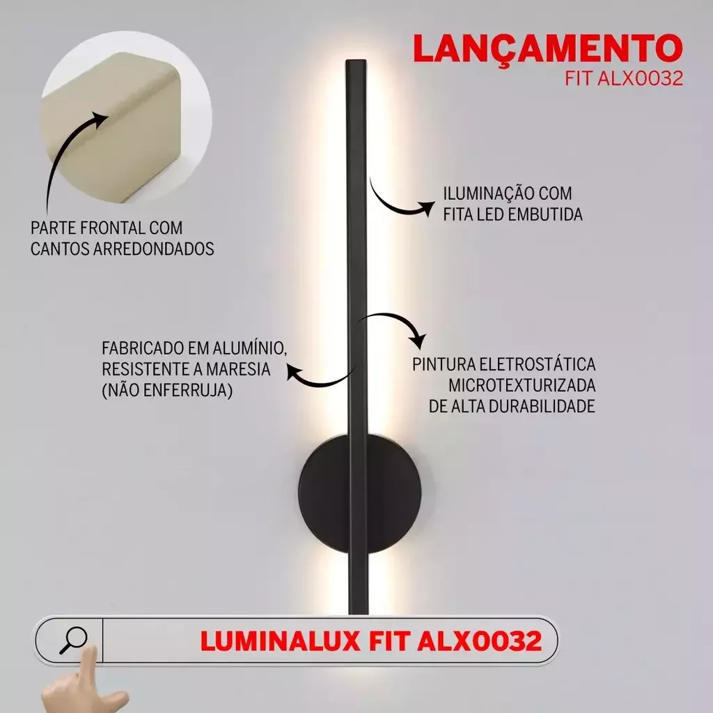 Arandela One Way Luz Indireta Preta 12w 60cm Aluminio 3 Cores de Luz 3000k 4000k 6000k - 5