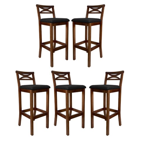 Kit 5 Banquetas Média Estofada para Bancada Madri Madeira Castanho Suede Preto Ccs
