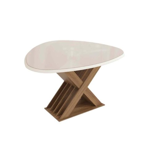 Mesa para Cozinha Graviola com Tampo Madeirado com Vidro 105x135cm Nogueira Off White Vidro Off