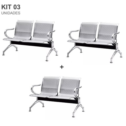 Kit com 3 Cadeiras Longarina Aeroporto Cromada 2 Lugares