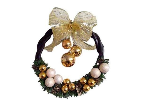 Guirlanda De Natal Dourada 35Cm Decorada Com Laços E Bolas - 1