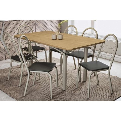 Conjunto: Mesa Sala Jantar Elba C/ Tampo de Madeira 160cm e 6 Cadeiras Noruega Niquel/nogueira -