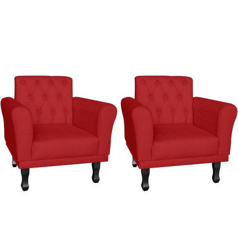 Kit 2 Poltronas Decorativa Classic Suede Vermelho Pés Madeira Ms Decor
