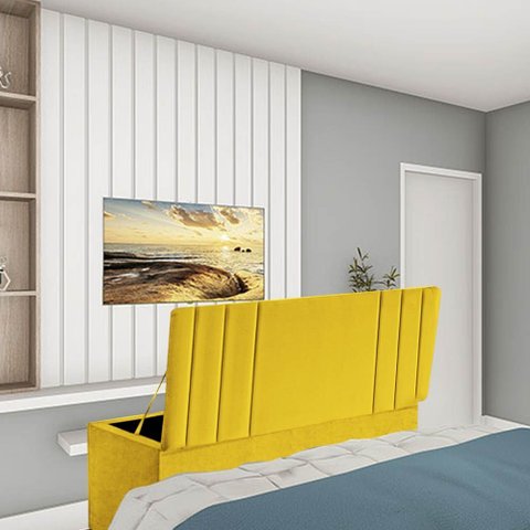 Calçadeira Baú Recamier Estofada Cama de Solteiro 100cm Grécia Suede Amarelo- Mabe Magazine