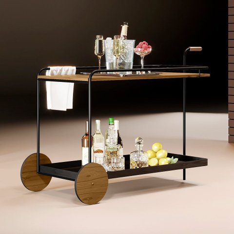 Carrinho Bar Agnes com Rodízios e Prateleiras Imbuia Mel Estrutura Metálica Preto