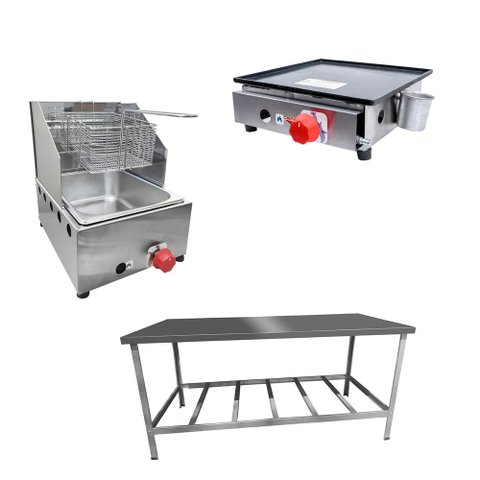 Kit Lanchonete Mesa de Manipulação 190x70cm + Fritadeira a Gás 1 Cuba + Chapa a Gás 30cm