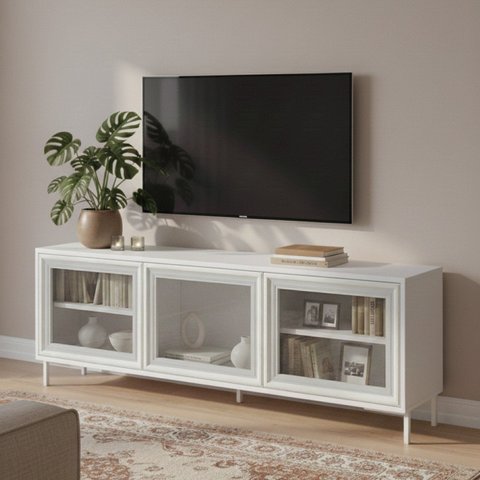 Rack para TV até 55 Polegadas 135cm 03 Portas de Vidro 2 Prateleiras Branco