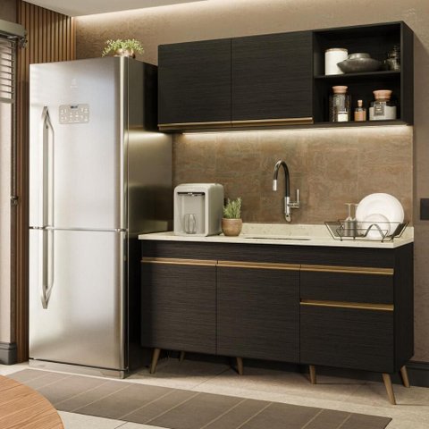Armário Cozinha Modulada Compacta Balcão com Pia 150cm Florença Multimóveis MCR2468 Preto/Creme