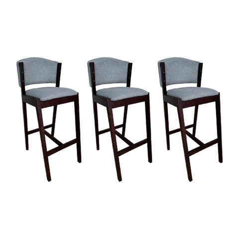 Kit 3 Banquetas Alta de Madeira Maciça Castanho Premium Ana com Encosto Linho Cinza