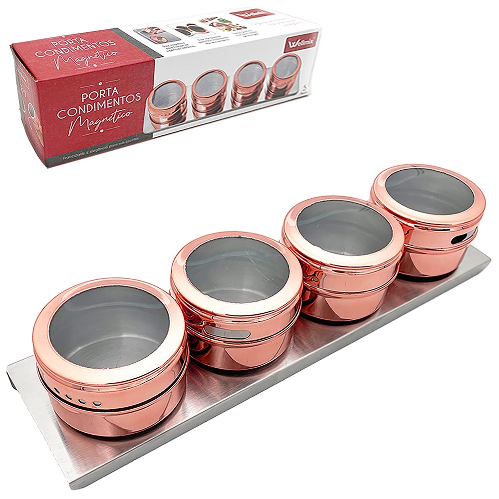 porta condimento de inox magnetico com 4 pecas 75ml + suporte metalizado rose gold na caixa - 1