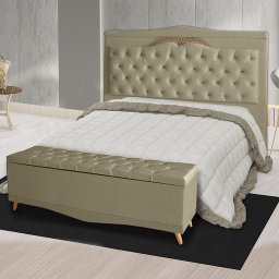 Kit de Cabeceira de Cama Box e Calçadeira Baú Helena Queen 160 Cm Retro Capitonê Suede Bege Eli Móve - 2