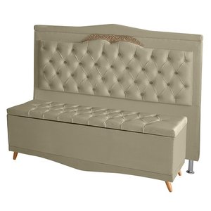 Kit de Cabeceira de Cama Box e Calçadeira Baú Helena Queen 160 Cm Retro Capitonê Suede Bege Eli Móve