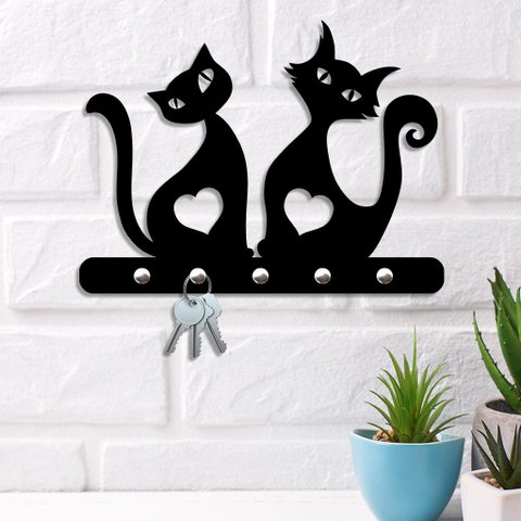 Porta Chaves de Parede 6mm Casal Gato Preto Decorativo Mdf