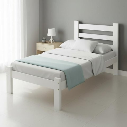 Cama de Solteiro Rubi Madeira Maciça Resistente Branco Repleta