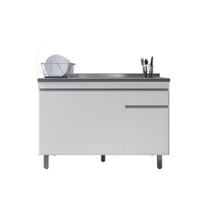 Balcão P/ Pia de Inox 120cm Branco 3 Portas 1 Gaveta S/ Tampo