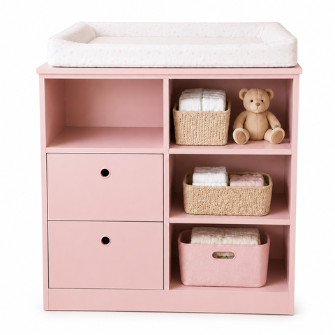 Trocador Infantil Rosé com 2 Gavetas e Nichos para Organização do Quarto do Bebê