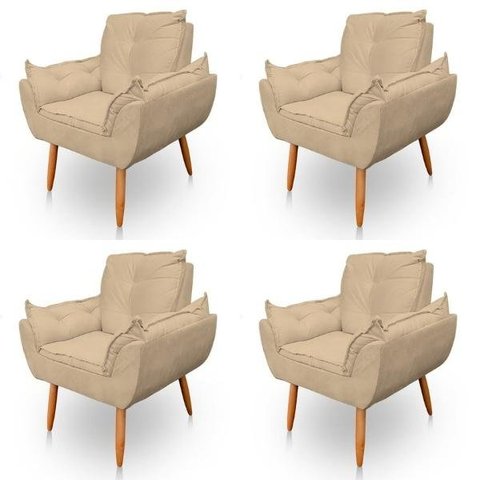 Kit 4 Poltrona Decorativa Opala Pés Palito Veludo Bege - Kimi Design