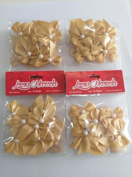 Kit Com 100 Laços Cetim Marcela Com Meia Perola N° 4 Dourado - 4