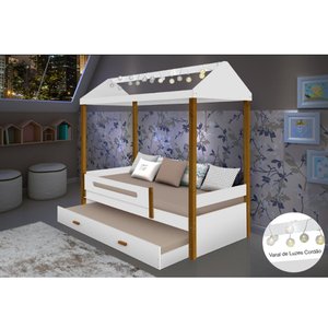 Bicama Solteiro Infantil Sara Com Luzes Led - Branco/Amêndoa