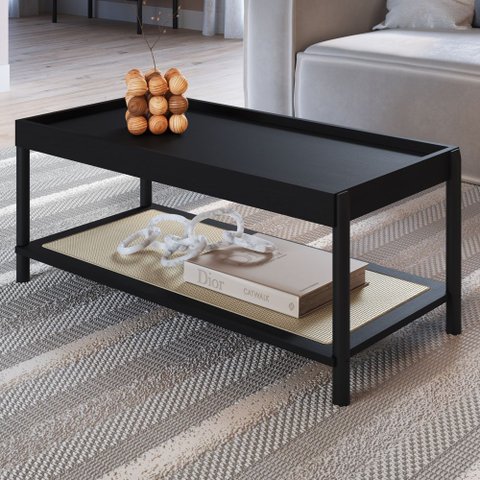 Mesa de Centro Retangular c/ Prateleira  93cm Palhinha Pé Madeira Oslo Artesano | Nero - Nero/Preto