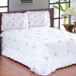 Colcha Casal Queen Coleção Borboletas 03 Pçs Branco/Vermelho - 1