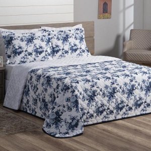 Cobre Leito Casal Queen Fascinio 03 Peças - Floral Azul