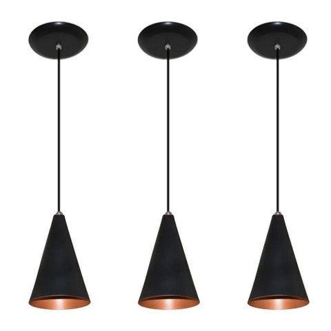 Lustre Pendente Balcão Cozinha Preto Cobre 03 Un