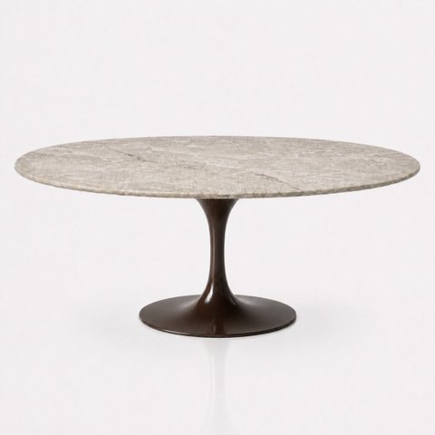 Mesa de Jantar Saarinen Oval 244x137 cm Tampo Quartzito Taj Mahal e Base Laca Marrom Cacau