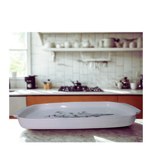 Travessa de Cerâmica com Estampa de Bambu com Alça - 30x20x5cm