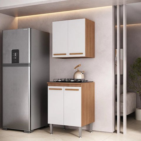 Balcão Multiuso Cooktop Joia 60cm + Modulo Aereo Madeirado/Branco