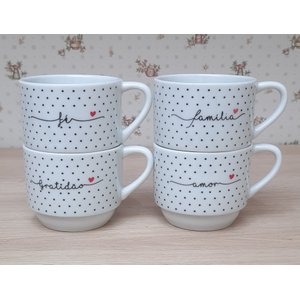 Kit Jogo 4 Xicaras Café Chá Hotel 200ml Empilháveis - Poá Preto Frases