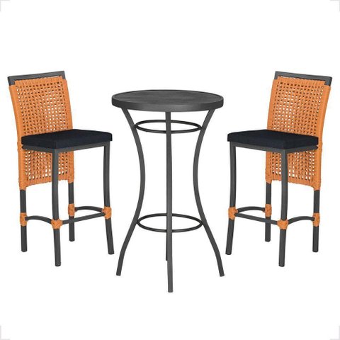 Mesa Bistro e 2 Banquetas Roma Preta Corda Náutica 12 Terra Cota