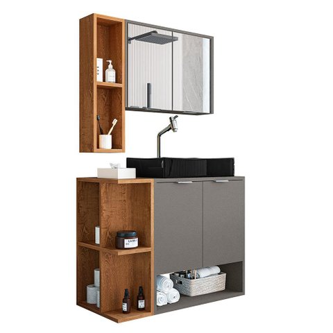 Conjunto de Banheiro com Gabinete 2 Portas, Cuba com Valvula, Torneira e 1 Espelheira Star