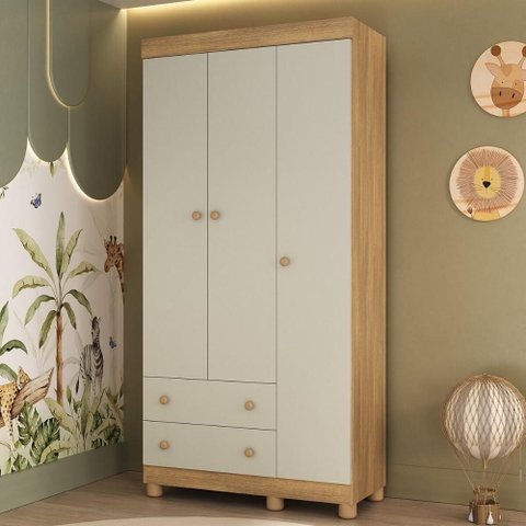 Guarda-roupa Infantil 92cm 3 Portas e 2 Gavetas Allegra Multimóveis Mp4442 Madeirado/off White