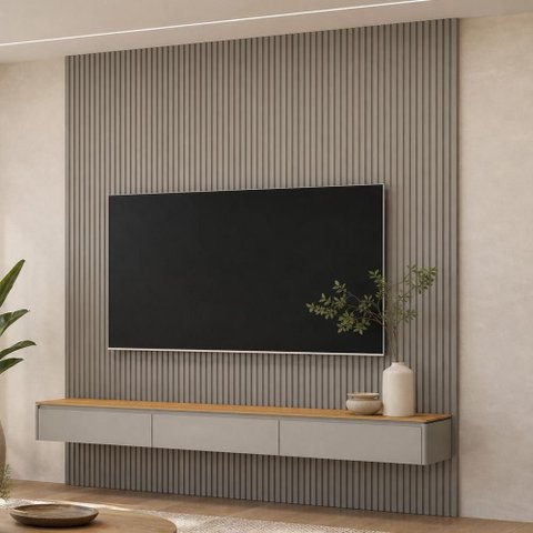 Painel Ripado para TV 85 pol com Bancada Suspensa Orgânica 258cm Slats L05 Tauari Gris Fosco -