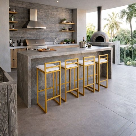 Kit 4 Banqueta Alta Industrial Moderna Dourada P/ Balcão, Bistro, Cozinha Assento Branco