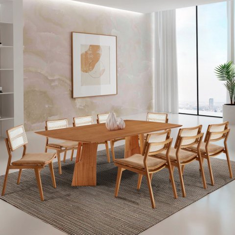 Sala de Jantar Mesa Florida 220cm Tampo Laminado Barril e 8 Cadeiras Eva Premium Moderna Mobília