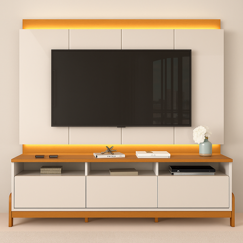 Rack Bancada com Painel para Tv de até 75" com Led Joana Jequitiba/off White