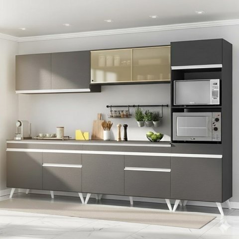 Cozinha Completa Modulada Bogotá 5 Peças Multimóveis com Vidro Reflecta, Puxador e Pés Personalizáveis