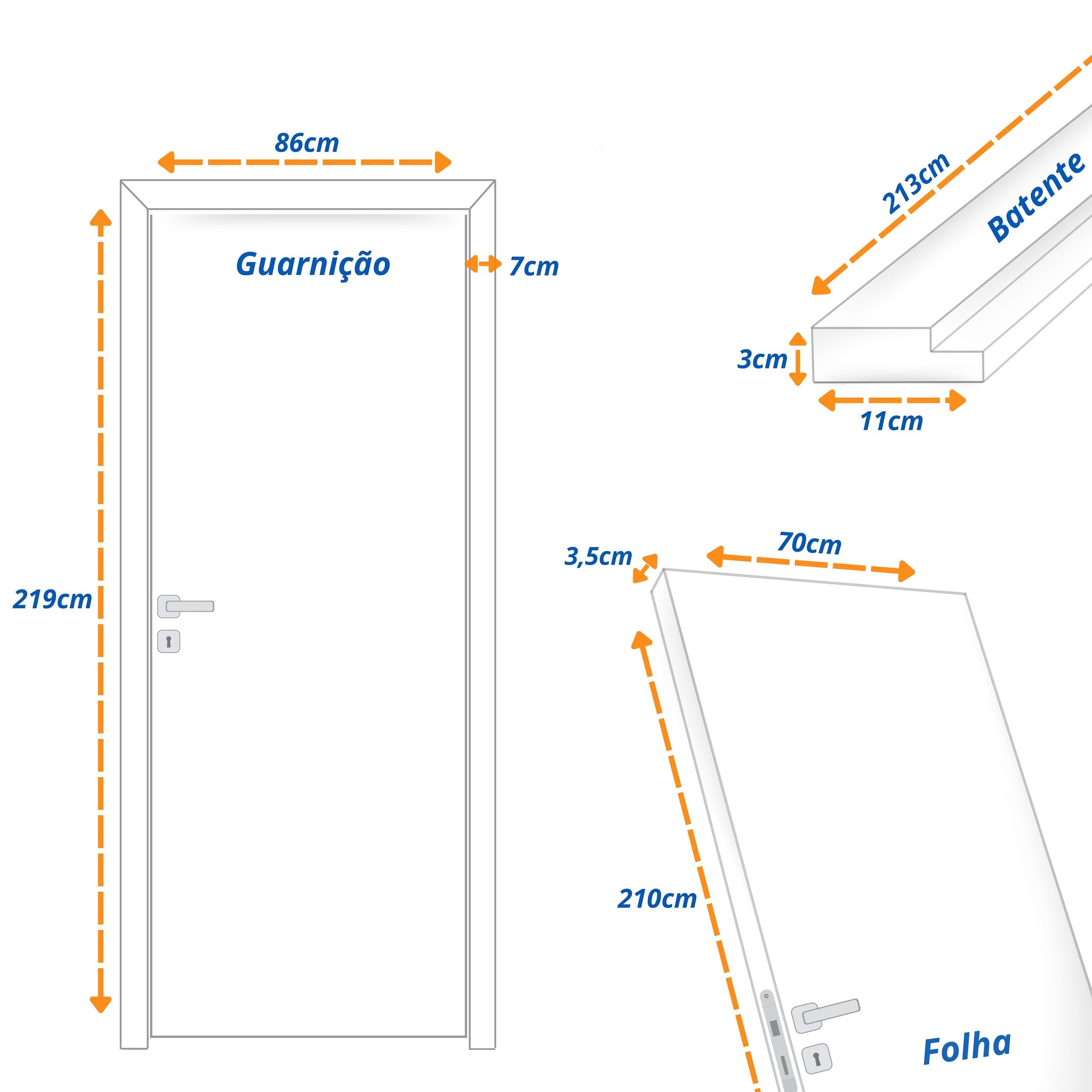 Kit Porta de Madeira 210x70cm Lisa Laqueada Direita Moldufama